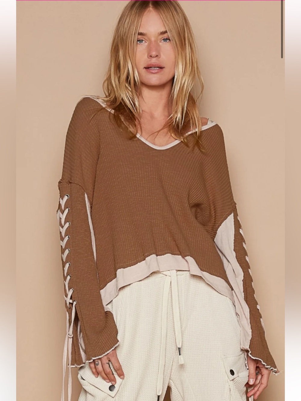 New: POL Boho Lightweight Lace Up Sleeve Color Block Ribbed Knit Top• Medium